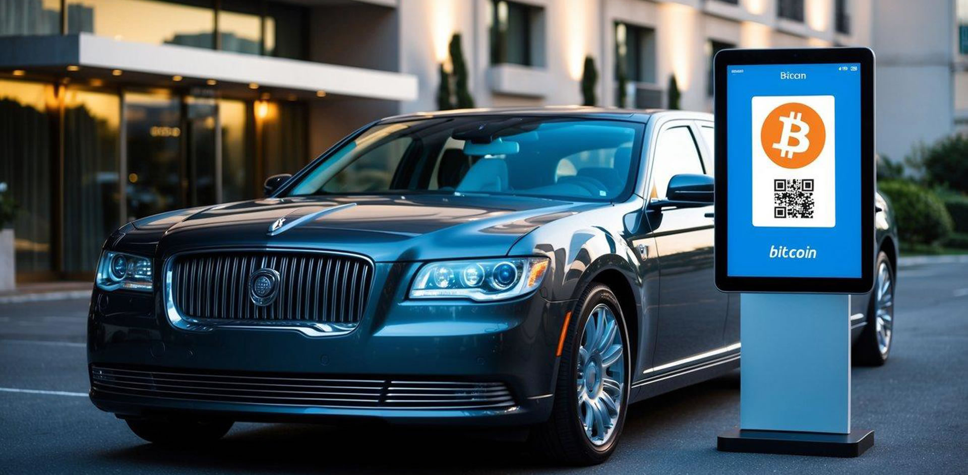 A sleek limousine parked outside a luxury hotel, with a digital screen displaying the Bitcoin logo and a QR code for payment