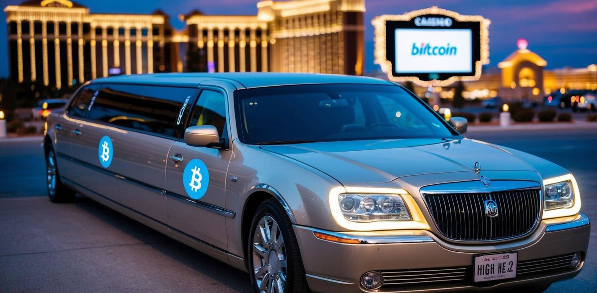 A luxurious limousine parked in front of a Las Vegas casino, with a digital Bitcoin payment screen displayed on the side of the vehicle