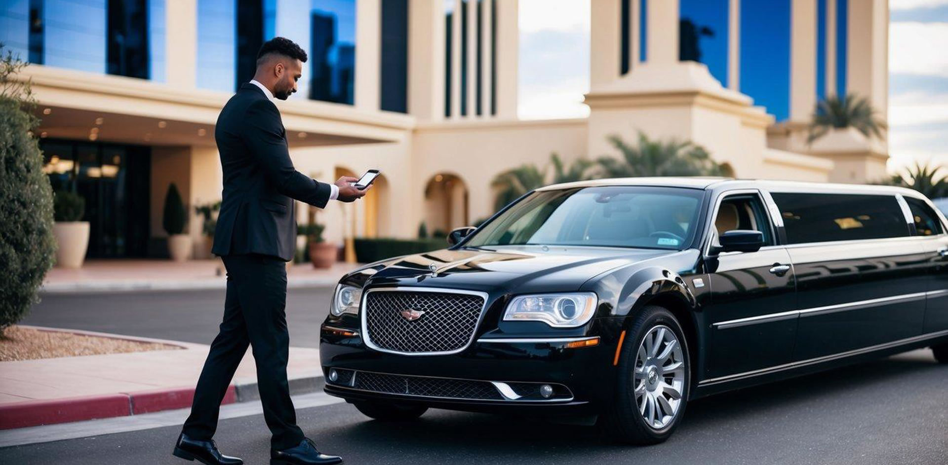 A sleek, black limousine pulls up to a luxurious Las Vegas hotel. The driver steps out and accepts a digital payment from a customer using a smartphone