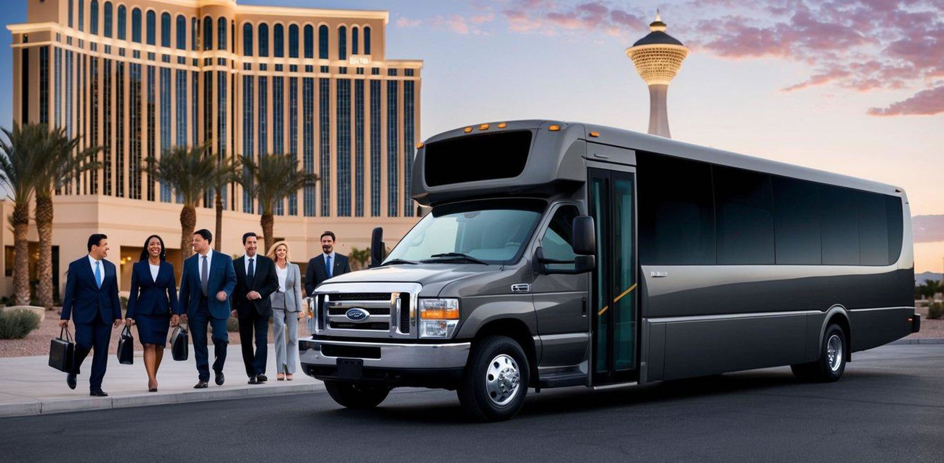 A sleek charter bus parked in front of a modern Las Vegas hotel with a group of business professionals boarding